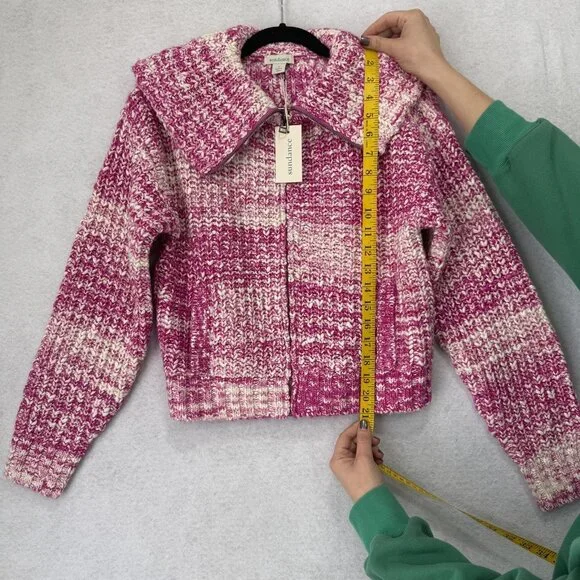 Sundance Sweater Womens Small Pink White Zip Front Collared Chunky Knit Pockets - Picture 5 of 8